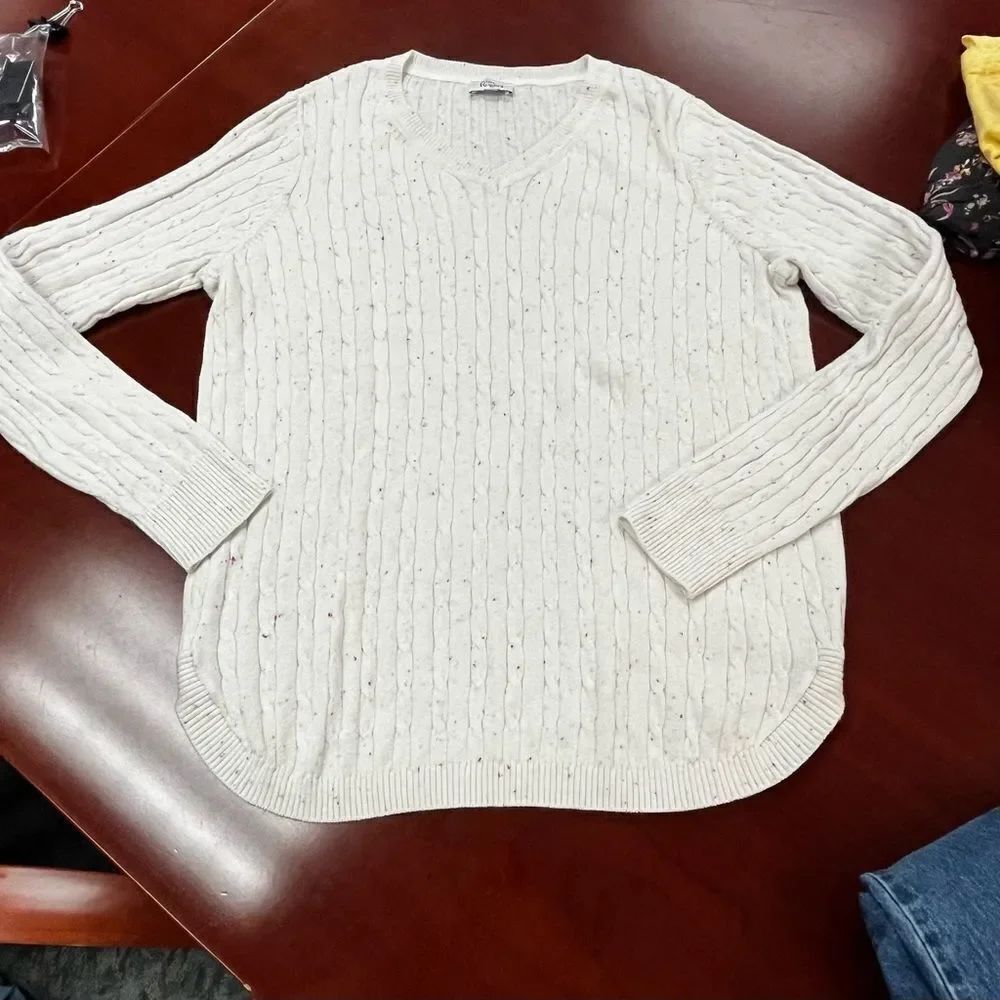 Kim Rogers White Multi Color V-Neck Rounded Hem Sweaterâsz L EUC